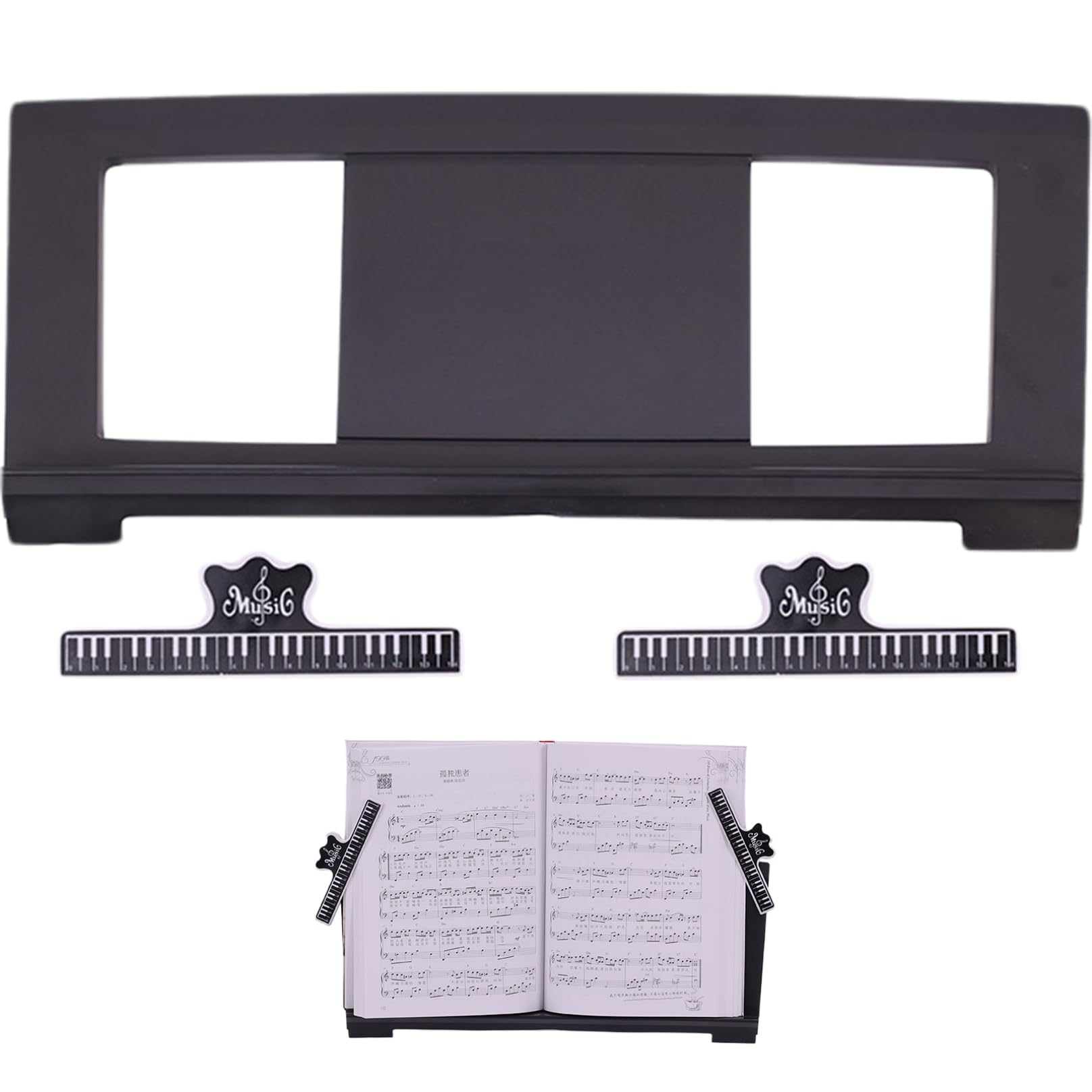 Soporte para partituras, 2 clips para libros, portátil, negro, se adapta a teclados | Marco ajustable resistente, sostiene partituras de forma segura, ideal para el hogar P