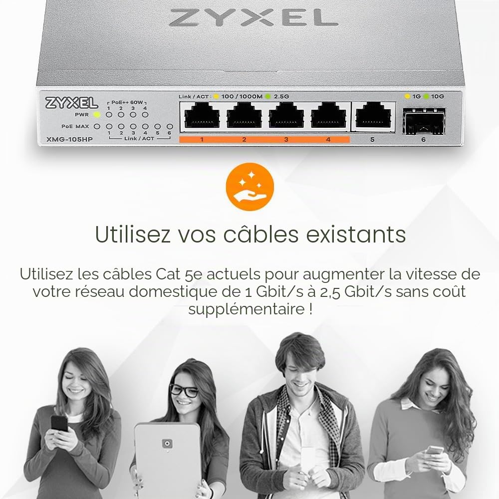 XMG-105 5 Ports 2,5G + 1 SFP+, 4 ports 70W total PoE++ Desktop MultiGig unmanaged Switch