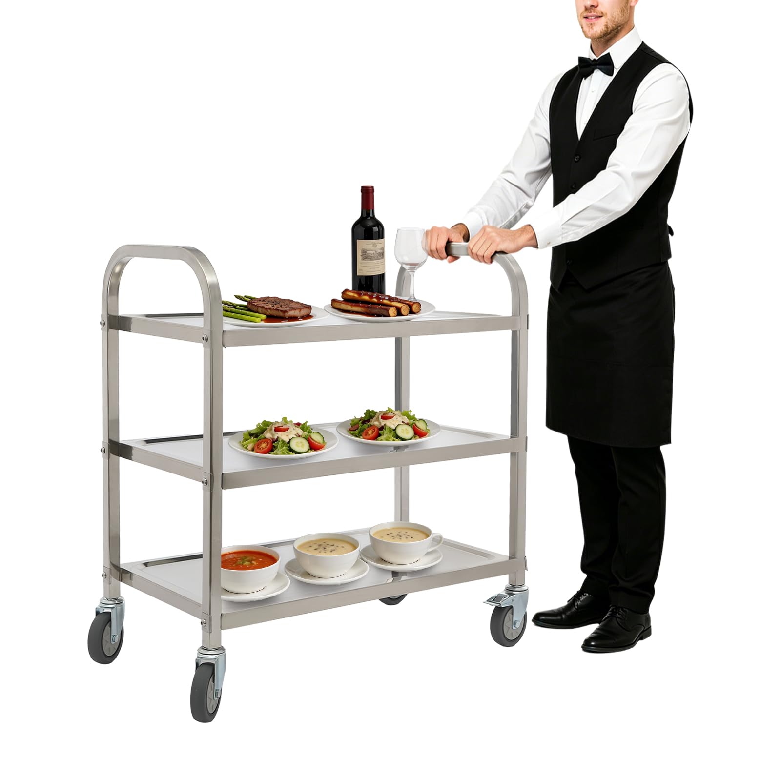 Carro de servicio de 75 x 40 x 83,5 cm, acero inoxidable, 3 estantes, con 4 ruedas giratorias 360° (2 frenos) para restaurantes, cocinas u hoteles