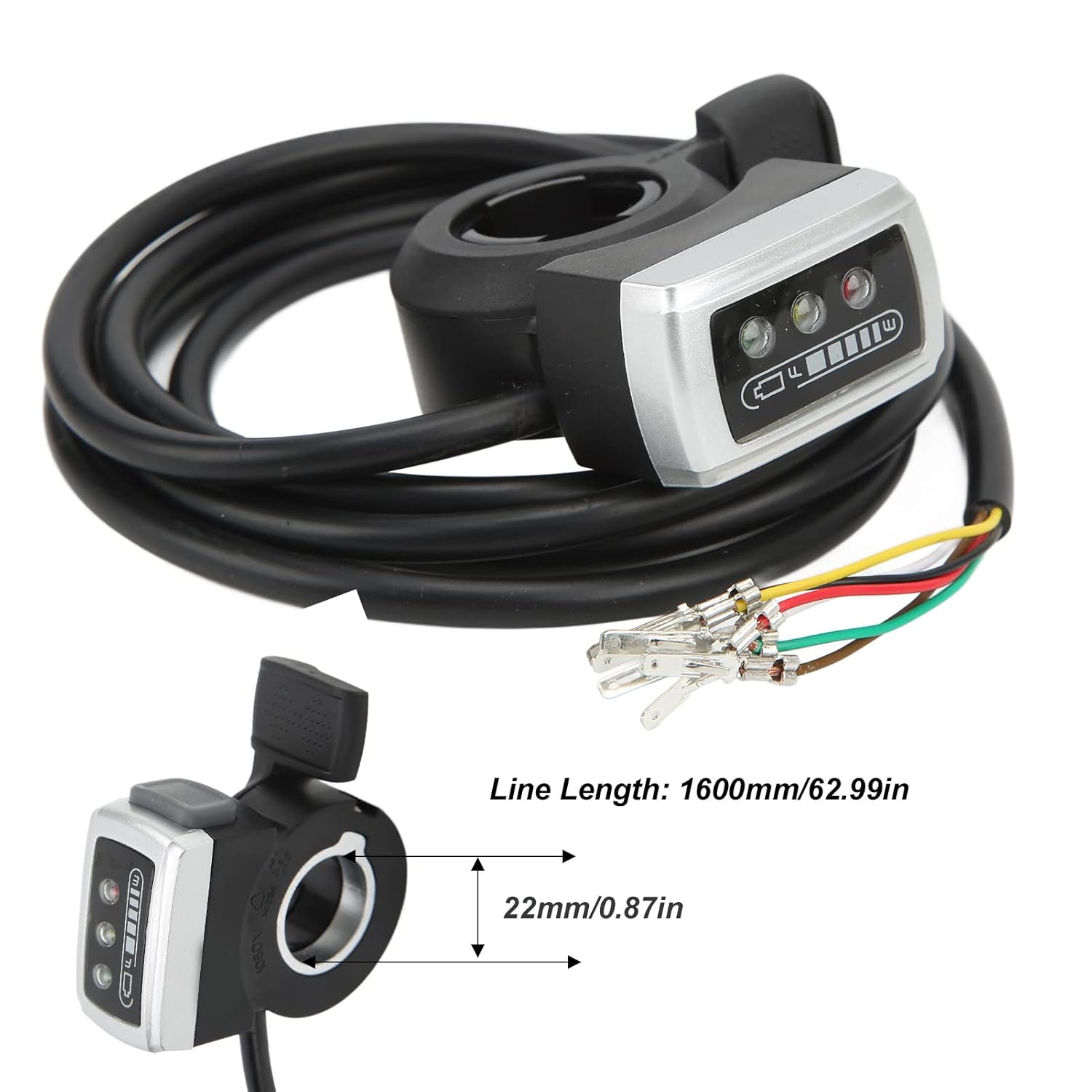 Thumb Throttle Assembly for Electric Bike Scooter, 6-Wire Thumb Throttle with ON/Off Switch and Battery Indicator, 22mm Aperture (36V)