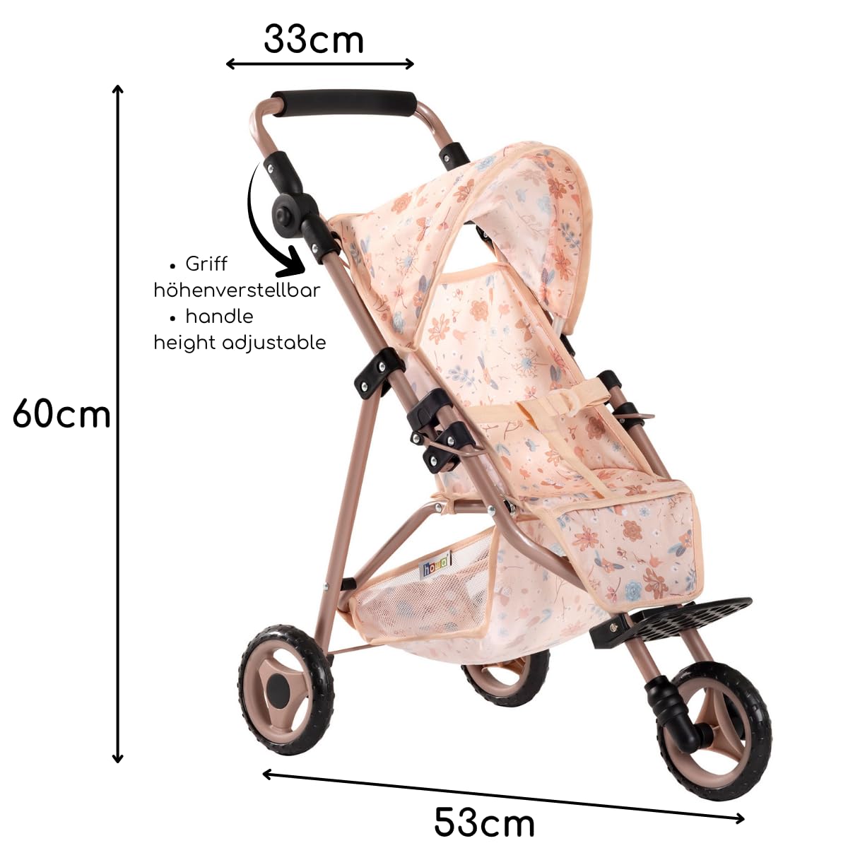 howa Puppenbuggy „miniflowers“ – eleganter Puppenwagen - Jogger für Puppen bis 50 cm, Puppenjogger mit höhenverstellbaren Schiebegriff 2260