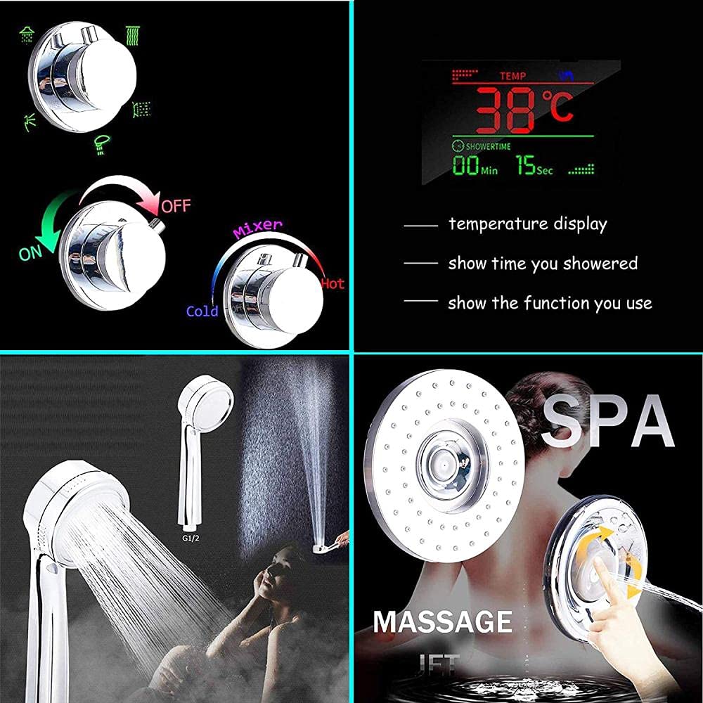 Pannello Doccia LED con Miscelatore a 6 funzioni, Display della Temperatura, Cascata, Massaggio del Corpo e beccuccio per Vasca da Bagno