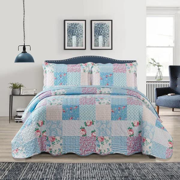 OZMIC Patchwork Bedspread Cotton Filling Box Pattern Reversible Quilted Throw For Bedroom Decor - Warm Quilt Coverlets Blankets Single Bed Bedspread with Pillow Case - Floral Blue — image 1