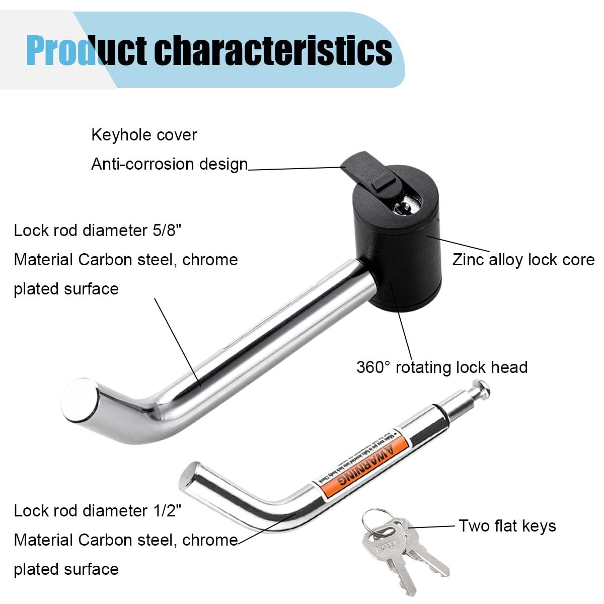 Trailer Hitch Receiver Lock - Anti-Theft Locking Pin For 1-1/4", 2", 2-1/2" Receivers (Fits Class I-V) - View #5
