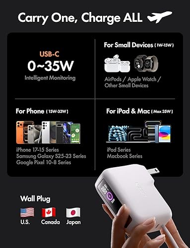 Miniatura 8 de LISEN Cargador de viaje rápido 3 en 1, cargador de pared de 35 W y banco de energía de 27 W, cargador portátil con cable USB-C integrado de 3.3 pies