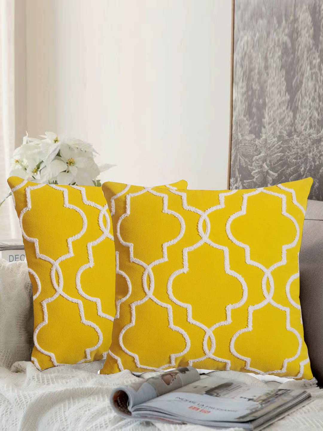 aRDENMEAD Set Of 2 Decorative Cushion Covers Throw/Pillow Cushion Covers. Cotton Cushion Cover Set For You Sofa,Living Room (16 X 16 Inches | 40 X 40 Cm,Yellow), 210 TC