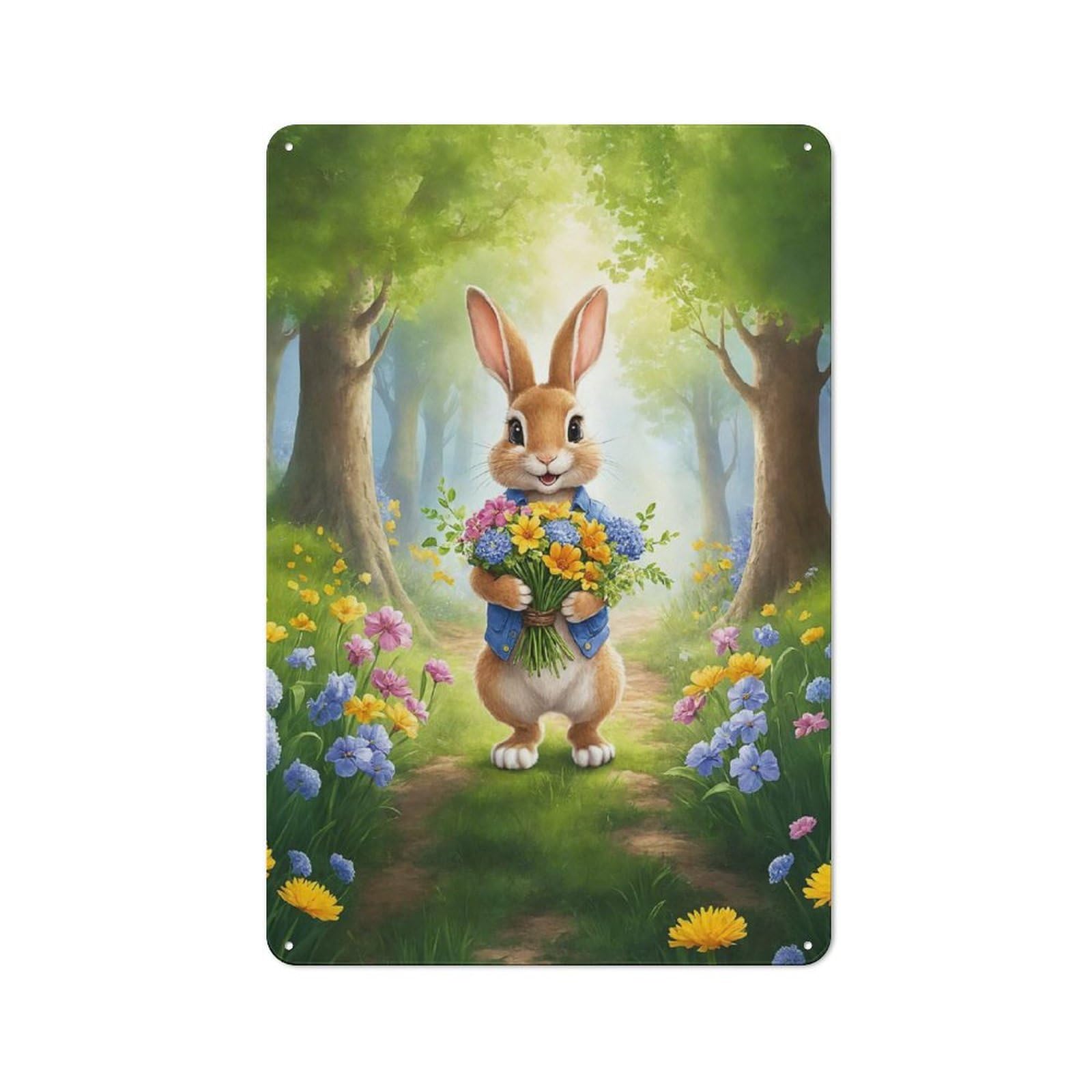 Tin Wall Plaque 30x20cm with Rabbit with Flowers in Forest for Pub Or Café, with Clear Vintage Wall Decor Character