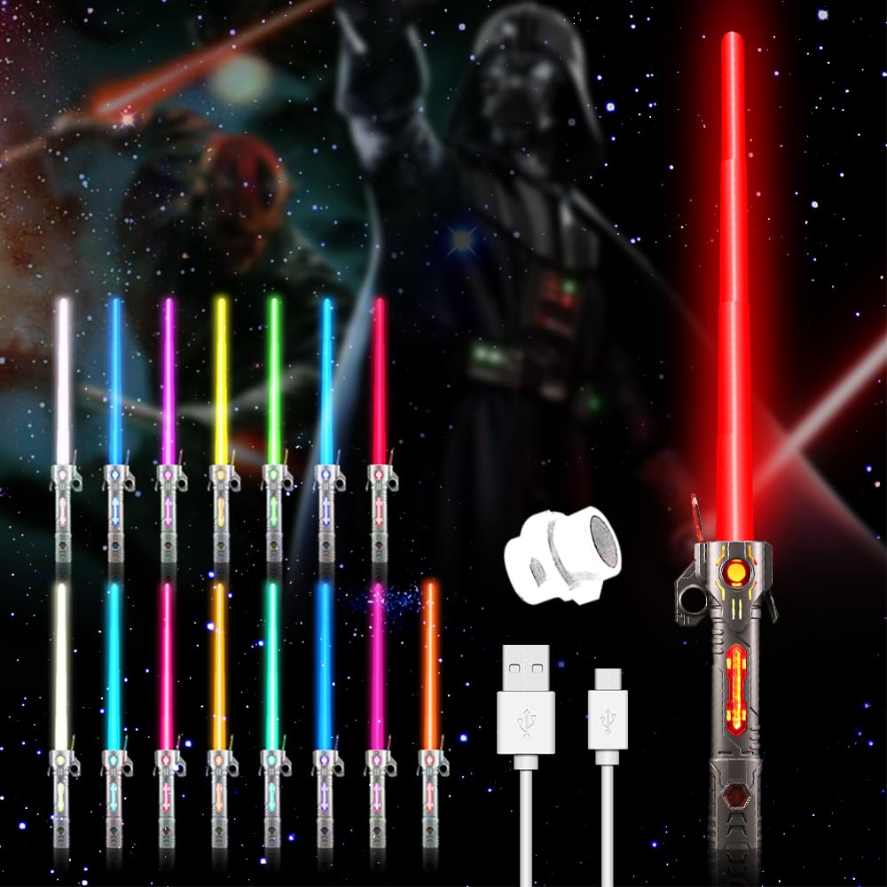 Miecz laserowy zabawka dla dzieci, Lightsaber, RGB 15 kolorów miecz laserowy Star Wars z symulowanymi efektami dźwiękowymi świecący miecz laserowy, wysuwany miecz świetlny 2 w 1 dla dzieci