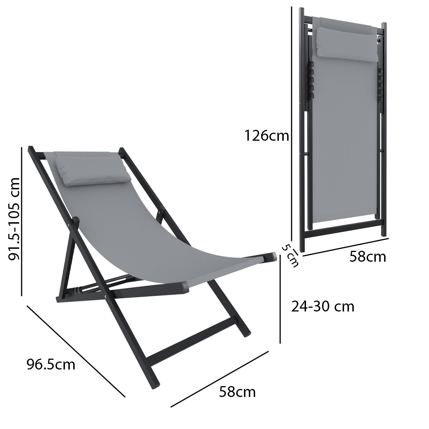BRICOZONE Set di 2 Sedie Sdraio Leggera Da Giardino Schienale Regolabile Pieghevole Ergonomica Con Cuscino Traspirante Struttura Nera In Alluminio Da Esterno Piscina Mare Portata 160 Kg Grigio