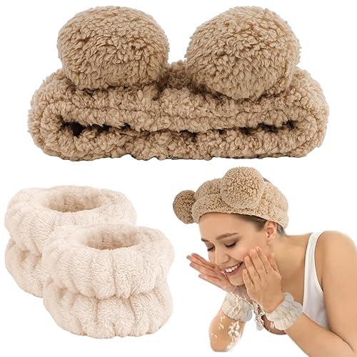 Miniatura 6 de AHONEY Spa Bear Ears Headband, Face Wash Wristband Set, Cute Makeup Skincare Headbands Wrist Bands for Washing Face Elastic Fluffy Headband for