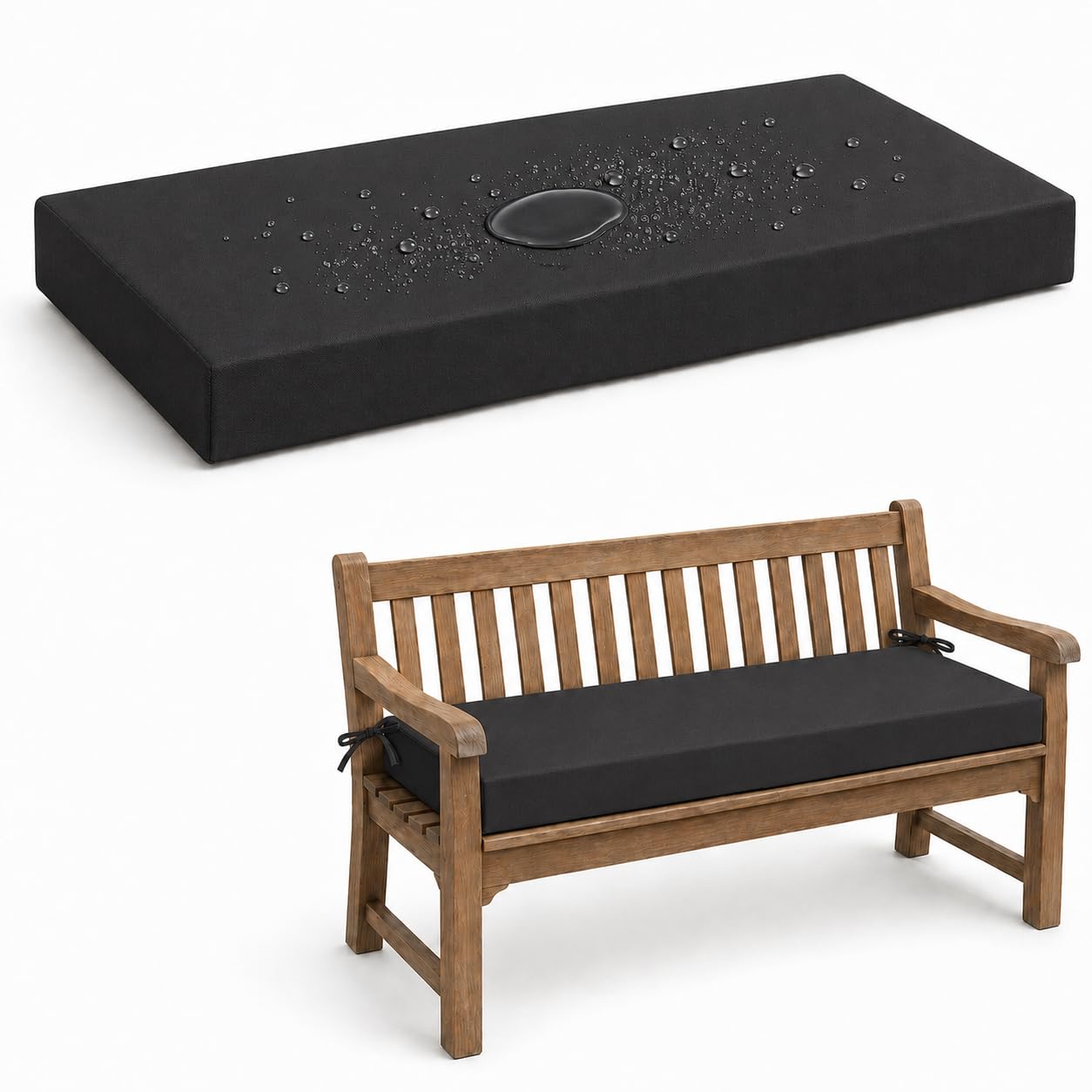 AZMAHT Waterproof 2/3/4 Seater Bench Cushion, Polyester Garden Bench Pad with 50D Foam 5Cm, Anti-Slip Ties, Removable Cover for Patio, Lawn, Indoor Outdoor Seats,Black,130x30x5cm