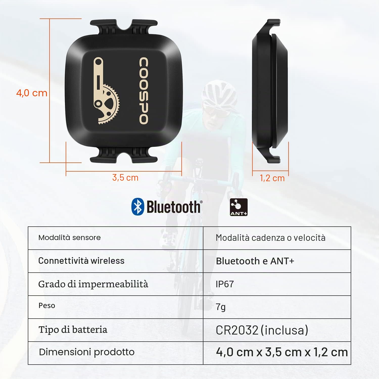 COOSPO BK467 Sensore di Cadenza Velocità Ant+ Bluetooth Bici Sensore Ciclismo IP67 Impermeabile Compatibile con Ciclocomputer GPS, CoospoRide, Zwift, Rouvy, Kinomap