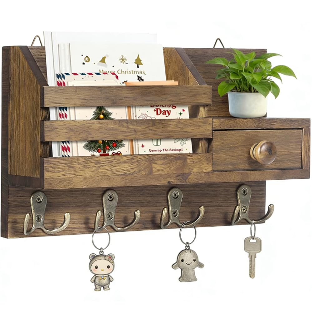Portachiavi con ripiano, portachiavi in legno con 4 ganci doppi e cassetto portaoggetti, portachiavi da parete, portachiavi multifunzionale per ingresso, corridoio, soggiorno, ufficio - Marrone