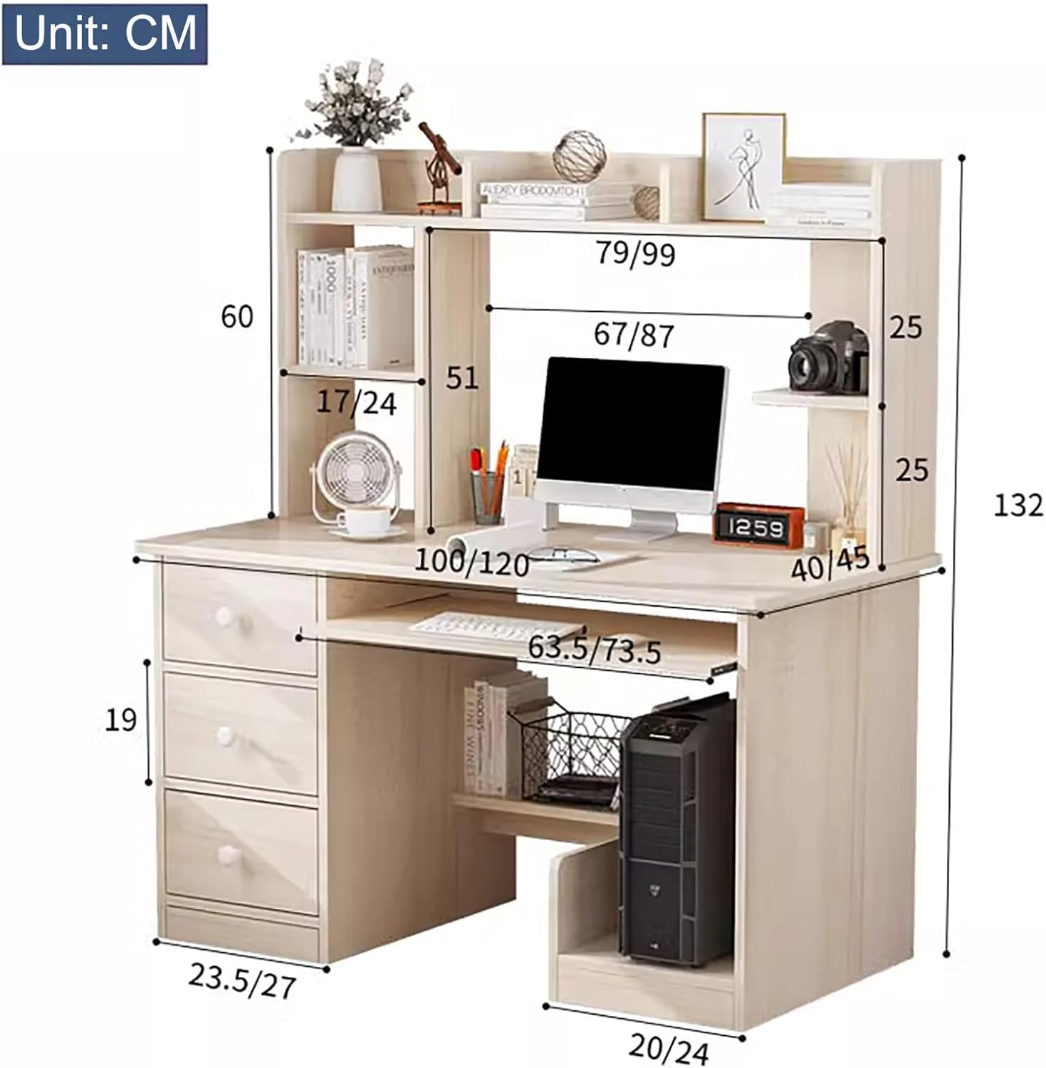 Home Office Desk, Gamer Desk, Efficient Home Laptop Notebook Computer Desk, Gaming Desk with 3 Drawers, Office Desk with Shelves, for Home Office Bedroom(White,120cm/47.5in)