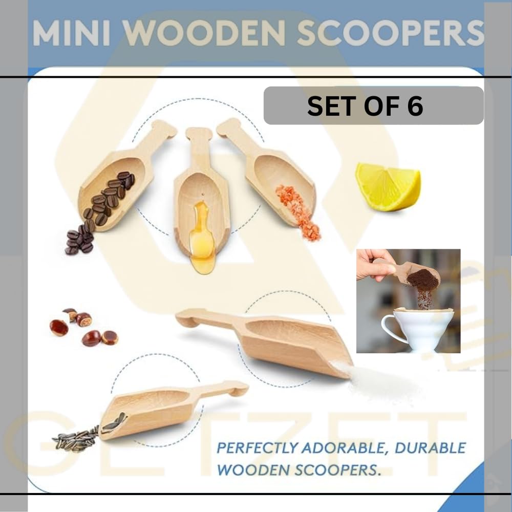 GETZET Wooden Scoop Spoon Multipurpose Use Sugar, Bath Salt, Cooking Accessories Home, Party, resturant Scooper for Spice Home Kitchen Tool. (Set of 6)