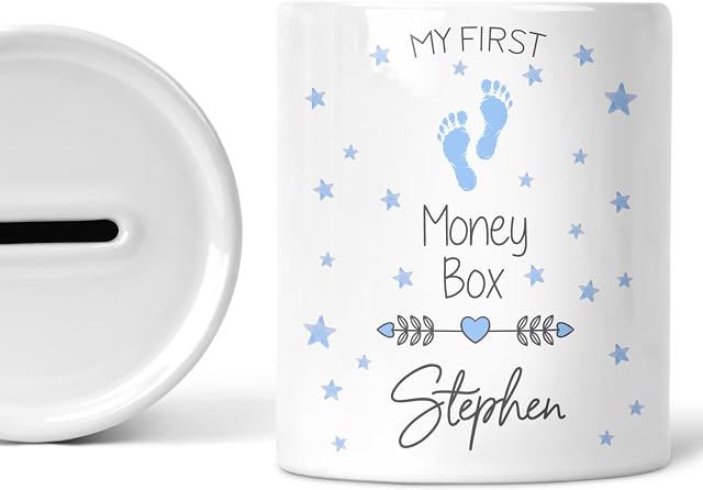 Personalised Baby Boy Gift Blue Piggy Bank For Babies My First Money Box Nursery Decor Newborn Babies Girls Gifts Custom Name Savings Jar Coin Box Money Bank Accessories Ceramic Keepsake