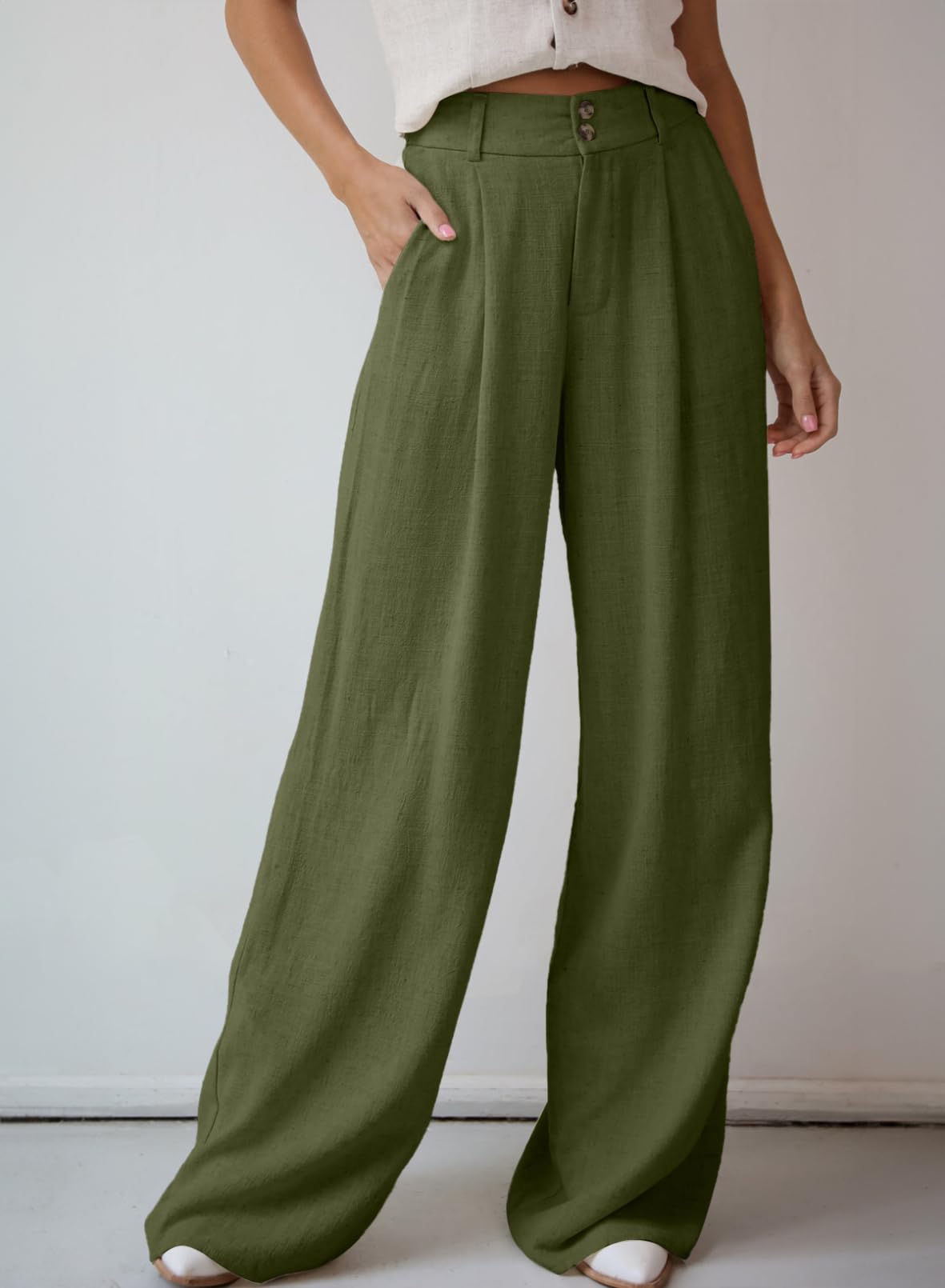 Dokotoo Womens Linen Pants Casual Loose Wide Leg Pants for Women Elastic Waist Palazzo Pants Trousers with Pockets: Small Green