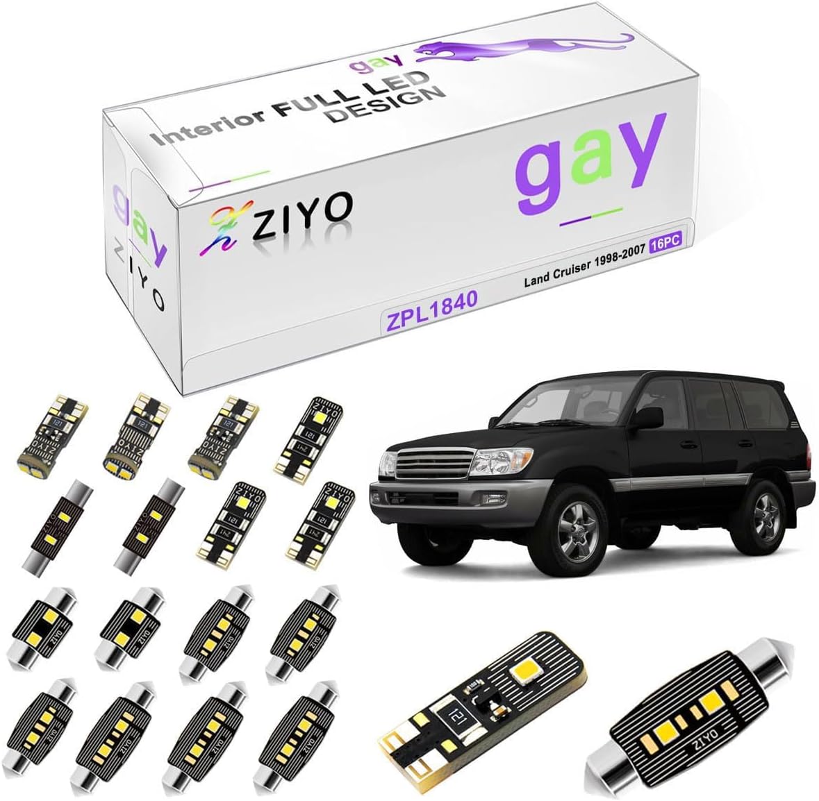 ZIYO ZPL1840 - (16 Bulbs) LED Interior Light Kit Replacement for Toyota Land Cruiser 1998-2007 + License Plate Light Bulbs Package, Xenon White Dome Lights Upgrade