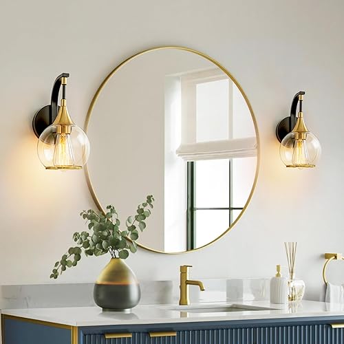 Miniatura 8 de Ymlii Aplique de pared para interiores, lámpara de pared negra y dorada con pantalla de globo de vidrio transparente de 4.9 pulgadas, luces de