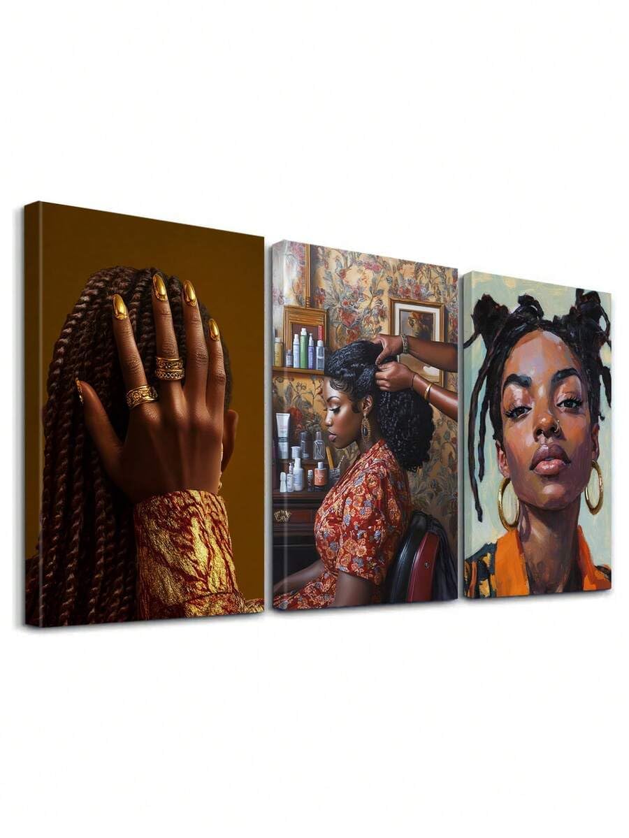 ZHAOLIN Decoración de pared con peinados trenzados, uñas doradas, lienzo artístico impreso, retratos, ambiente de salón, decoración estética (70 x 90 x 3 cm/envoltura de lienzo)