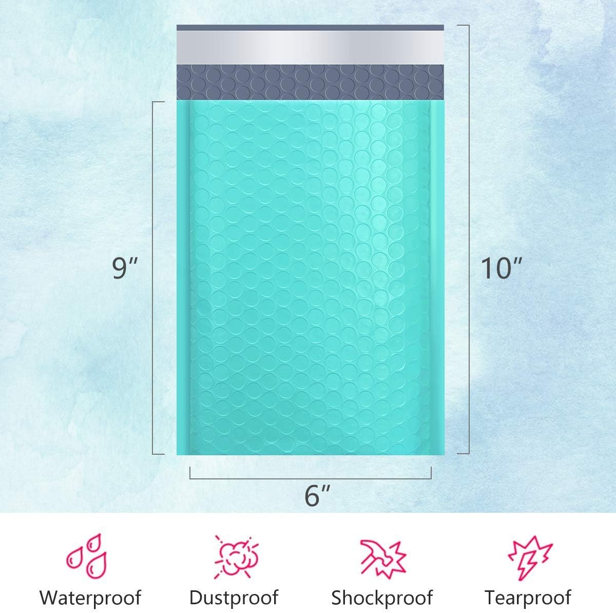 UCGOU 6x10" & 7.25x12" Teal Bubble Mailers 50Pcs Total - 25Pcs Each of 2 Different Size Self Seal Padded Envelopes