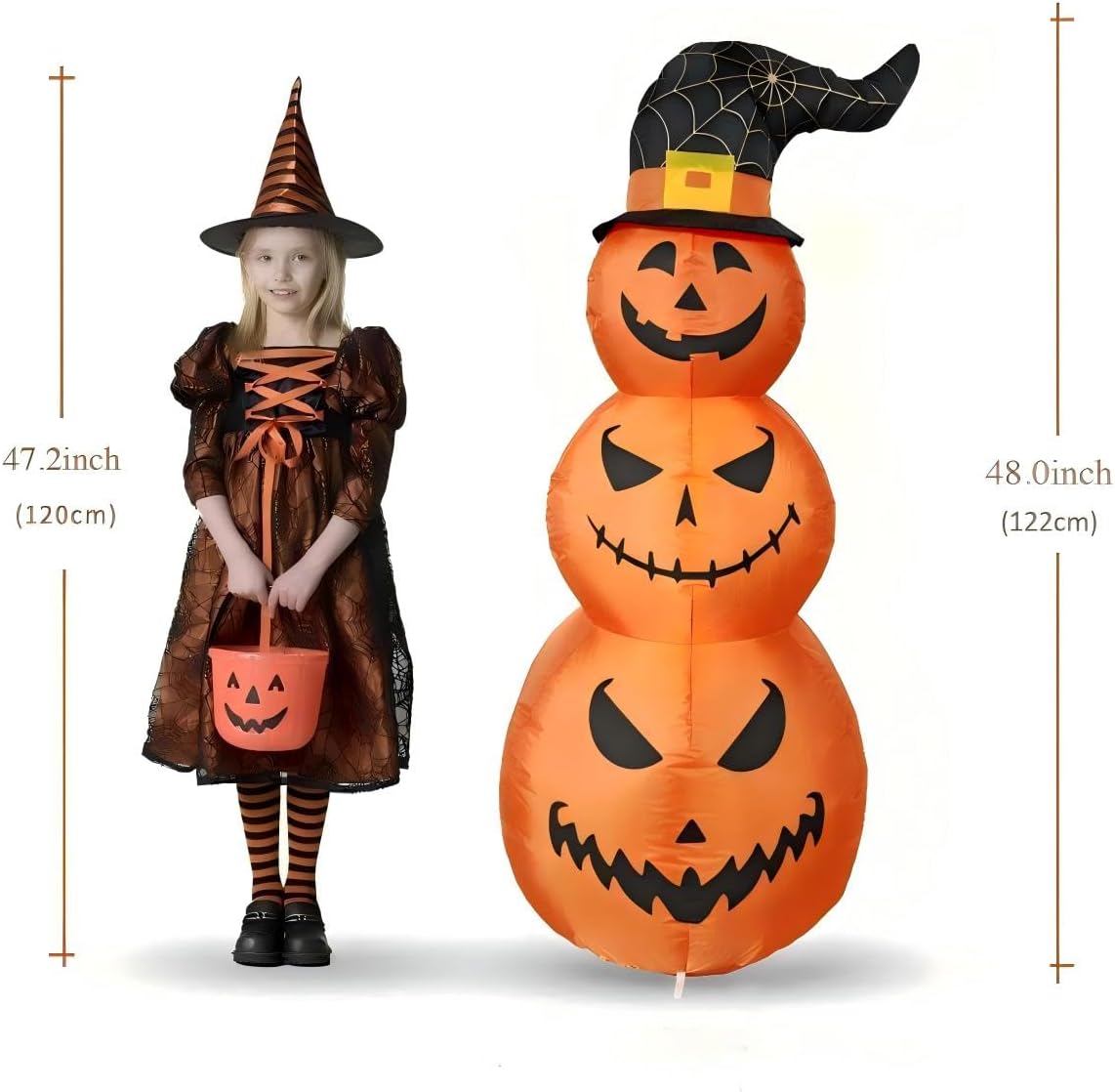 4FT Halloween Inflatables Stacked Pumpkins Outdoor Decorations with Witch Hat – LED Light-Up Blowup Decor, Indoor or Outdoor Yard Decoration for Spooky Party, Easy Setup