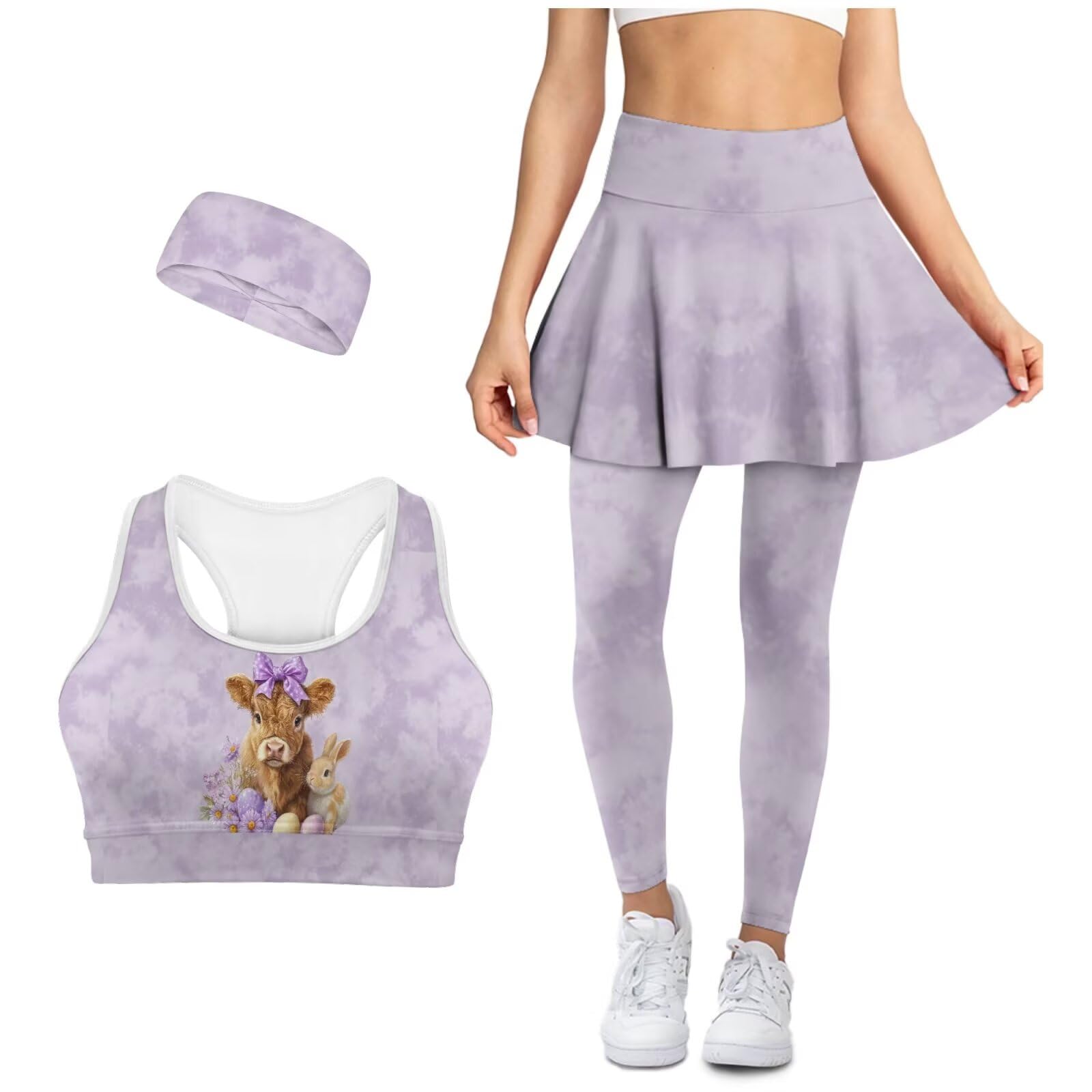 Womens Yoga Sets Matching Workout Sets 3 Pieces Skirted Leggings Sport Bra Headband