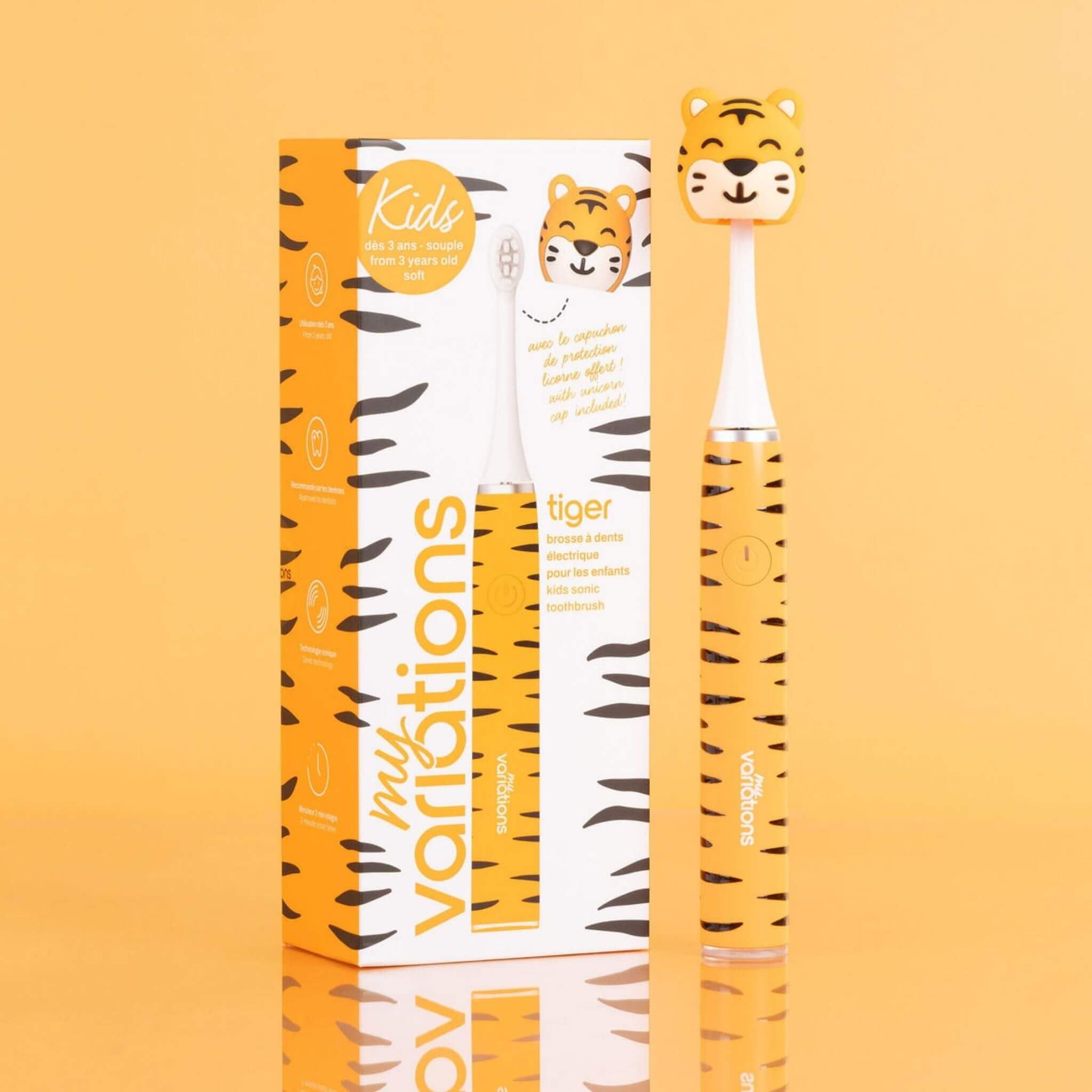My Variations Kids - Brosse à Dents Électrique Sonique Enfant - Rechargeable - Recommandée Par Les Dentistes - 2 Modes - 27 Stickers - 1 Mois d'Autonomie - Minuteur - Dès 3 Ans (Tiger, 3-​12 Ans)
