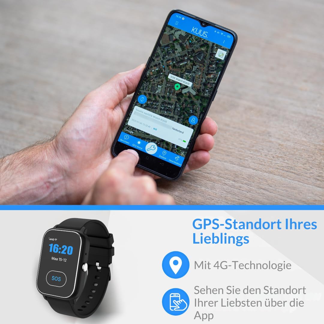 KUUS. S4 Notruf Uhr mit Sturzerkennung - Notrufknopf für Senioren - GPS Tracker Senioren mit Ortung. Senioren Smartwatch mit SIM Karte ohne Handy - Demenz Uhr Hilfsmittel Notfallarmband Erwachsene