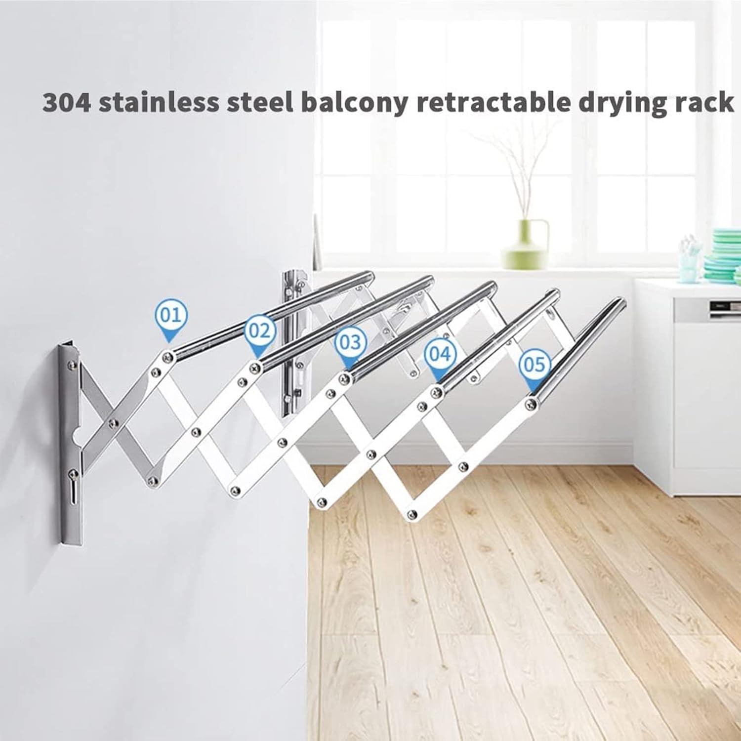 Stainless Steel 5 Rods Collapsible Drying,Laundry Drying Rack Expandable Wall Mount for for Suit Jacket Trousers Shirt Dress Blouse,100Cm,70cm