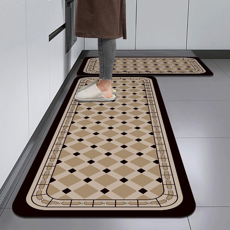 Image of HomeCloud Rubber Kitchen Mats for Floor Set of 2 Pcs|Non-Skid, Soft Absorbent Rugs for Kitchen, Laundry, and Hallway|120x40cm, 40x60cm| 4mm Thickness (Black Beige Square)