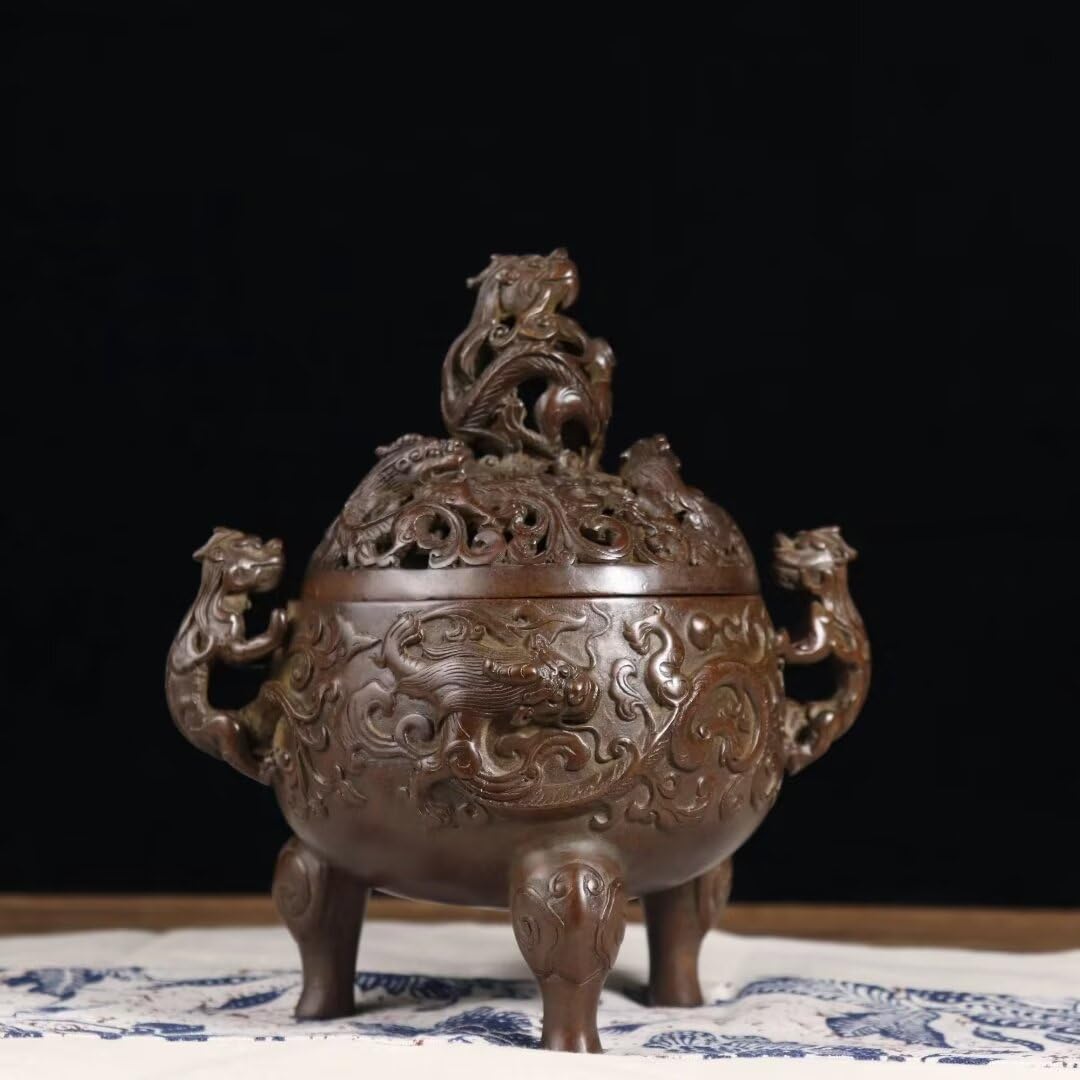Quemador de Incienso Chino de Cobre Puro, Regalo Zen, Estufa de meditación para el hogar, Oficina, hogar, Estilo Chino con Tapa, Quemador de sándalo Decorativo.