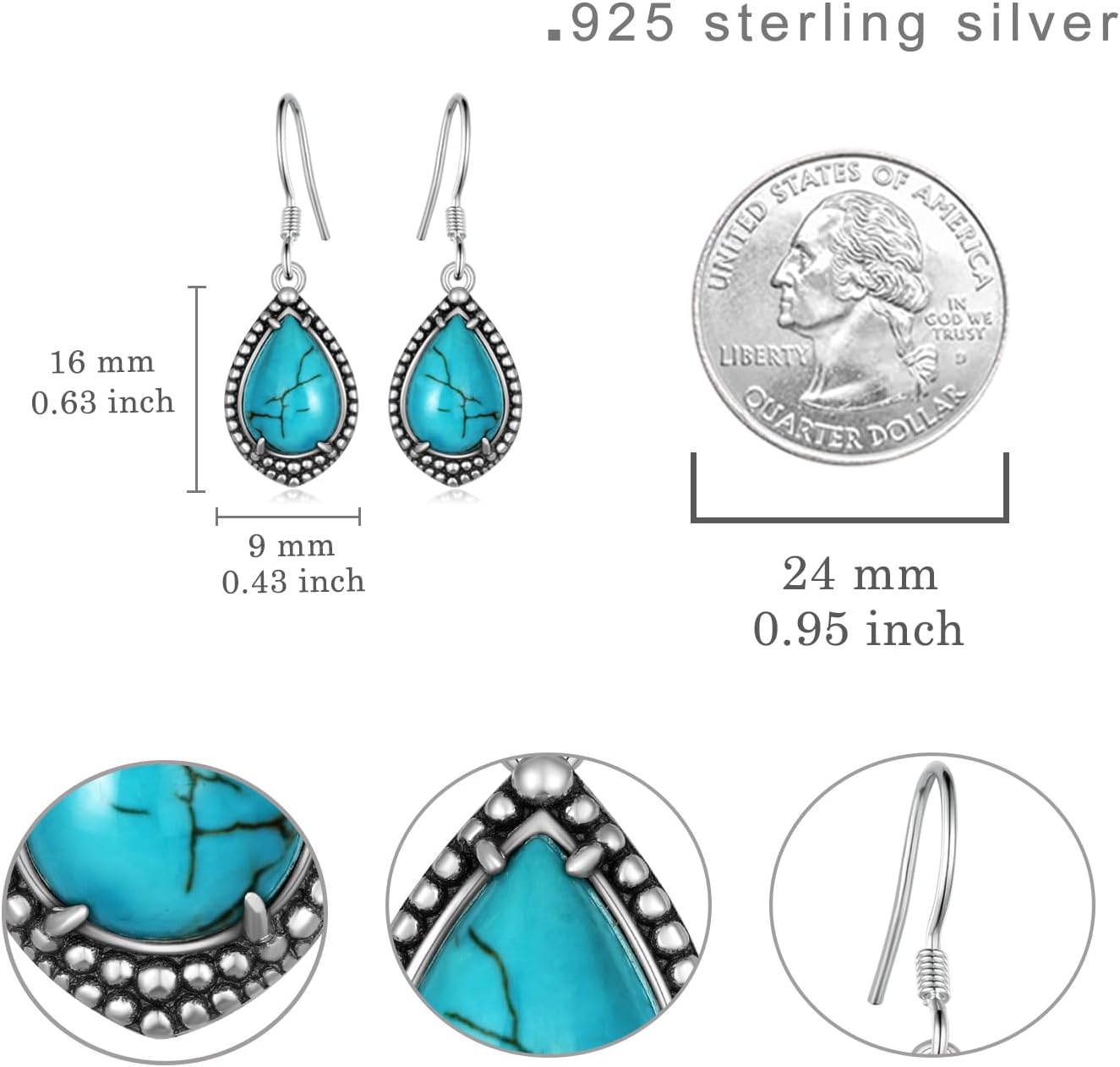 Genuine Turquoise Earrings 925 Sterling Silver Heart Turquoise Earrings Vintage Boho Nature Gemstone Real Western Jewelry for Women - Image 5