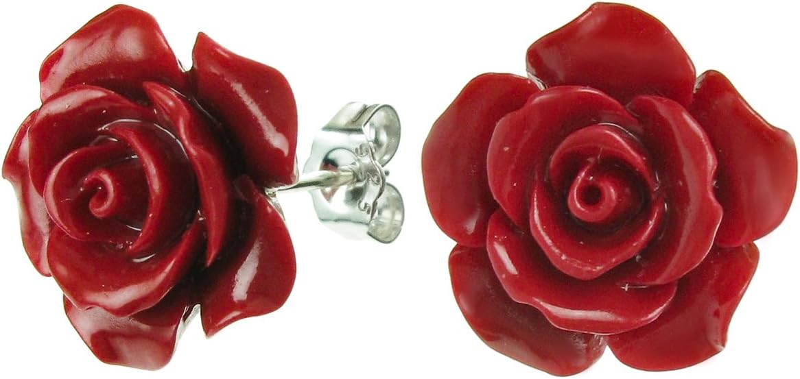 Sterling Silver Simulated Coral Rose Earrings Stud Post 15mm