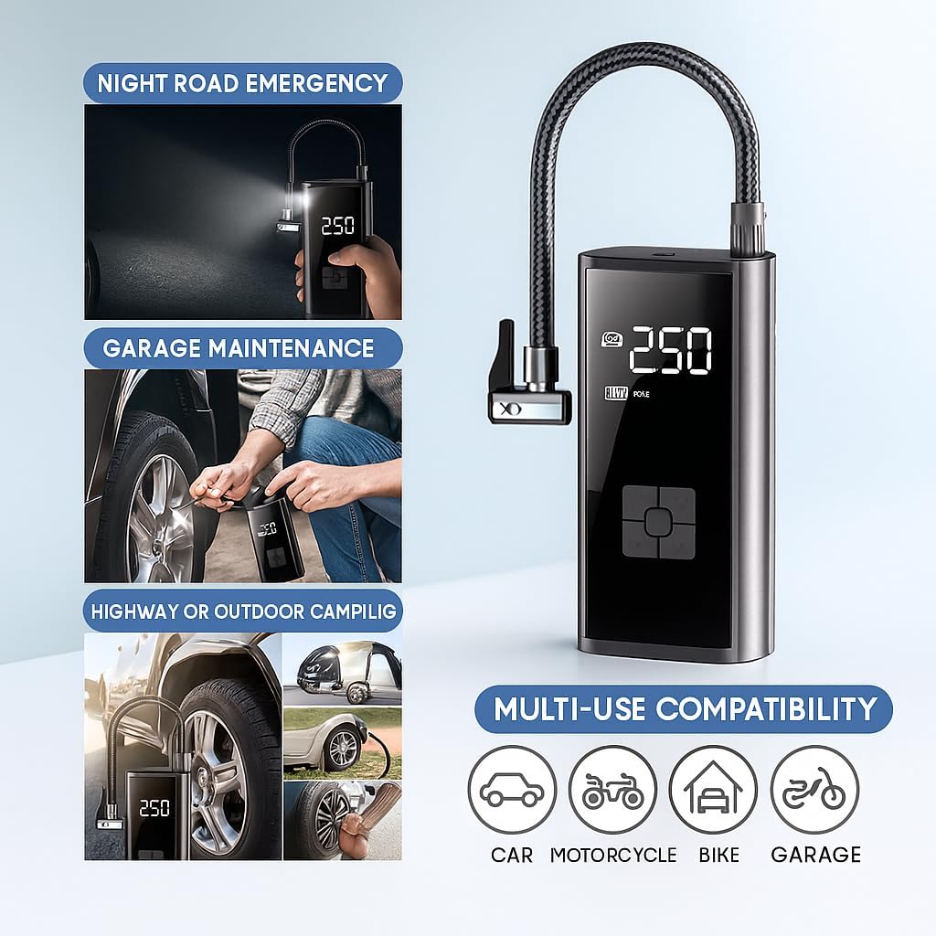 LiKiLiKi Kabelloser Reifenfüller, 150 PSI, tragbarer Luftkompressor mit digitalem Manometer & LED-Licht, wiederaufladbare Reifenpumpe für Auto, Fahrrad, Motorrad & Bälle