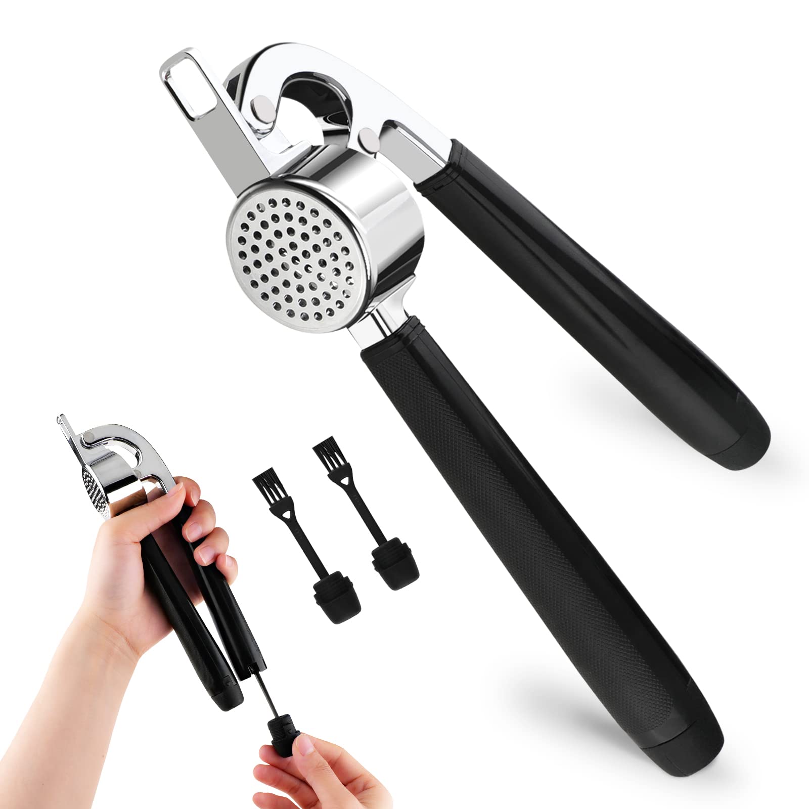 SGAGO Zinc Alloy Premium Garlic Press - Easy-Squeeze Ergonomic Handle Easy Clean, Extracts More Garlic Paste Per Clove Soft Dishwasher Safe & Rustproof with 2 Cleaning Brush