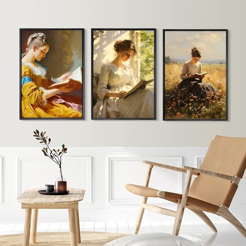 LZMASM Ritratto antico di donna che legge un libro, poster vintage di natura morta, stampe su tela dai toni tenui, decorazione da parete per camera da letto e casa (30x40 cm/3 pezzi senza cornice)