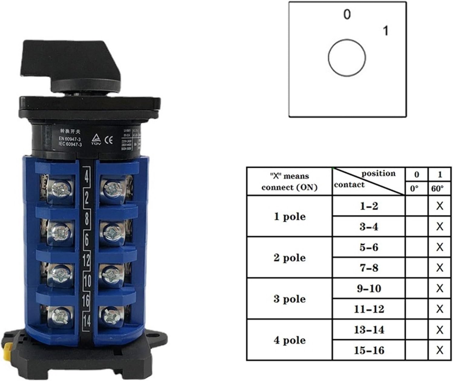 1PCS LW26-63 DIN Rail Mounted Multi Position Rotary Cam Switch 690V 63A 4 Pole Universal Changeover Cam Switch YMW26 LW28(0-1)