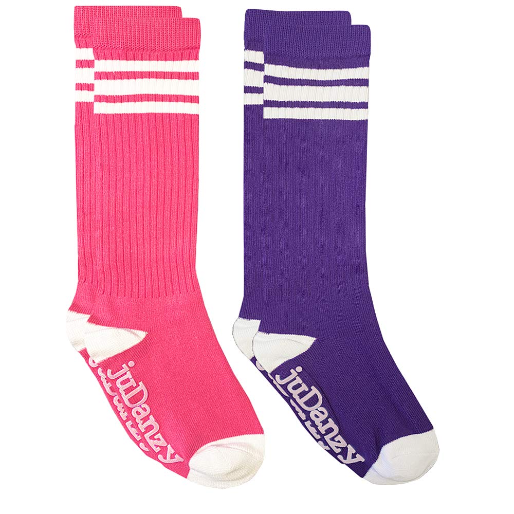 juDanzy 2 Pack of Baby, Toddler and Kids Knee High Tube Socks for Boys and Girls with Grips (6-12 Months, Dark Purple & Hot Pink)