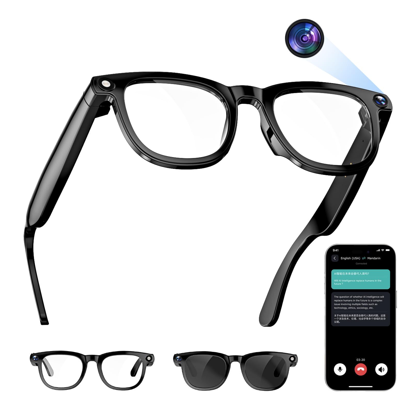 AI Translation Smart Glasses with 800W Camera ENC Noise Cancelling Bluetooth 5 0 Real-Time Multilingual Translation 25 Languages