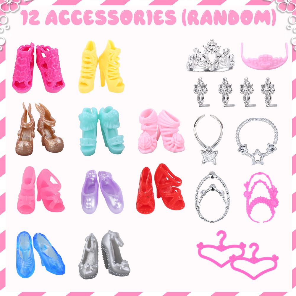 Vicloon 32 Piezas Ropa y Accesorios para Muñecas, 10 Zapatos, 2 Vestidos de Fiesta, 2 Tops, 2 Pantalones, 2 Vestidos de Moda, 2 Juegos de Trajes de Baño, Bikini, 8 Accesorios de Joyería, 4 Perchas