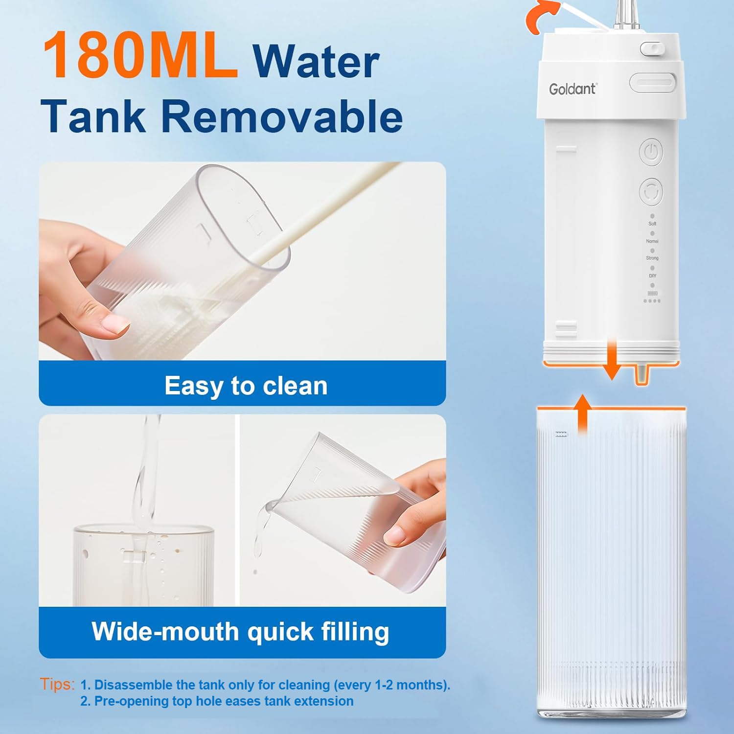 Irrigador bucal portátil para dientes con exquisita funda de viaje, mini irrigador oral recargable inalámbrico con tanque extraíble, IPX7 impermeable, 4 modos y 4 puntas de chorro para