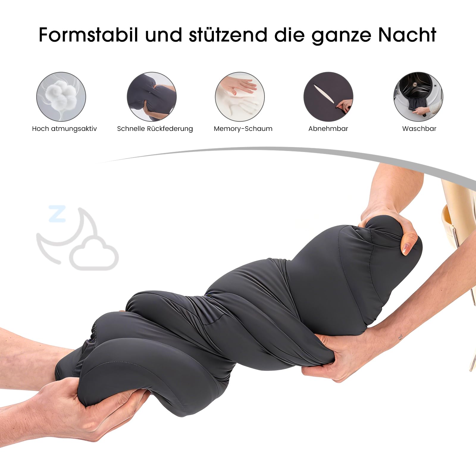 Nackenkissen Kopfkissen, Ergonomisches Memory-Schaum Kissen mit Kühlung, Abnehmbarer Bezug, für Seiten-, Rücken- und Bauchschläfer, Grau