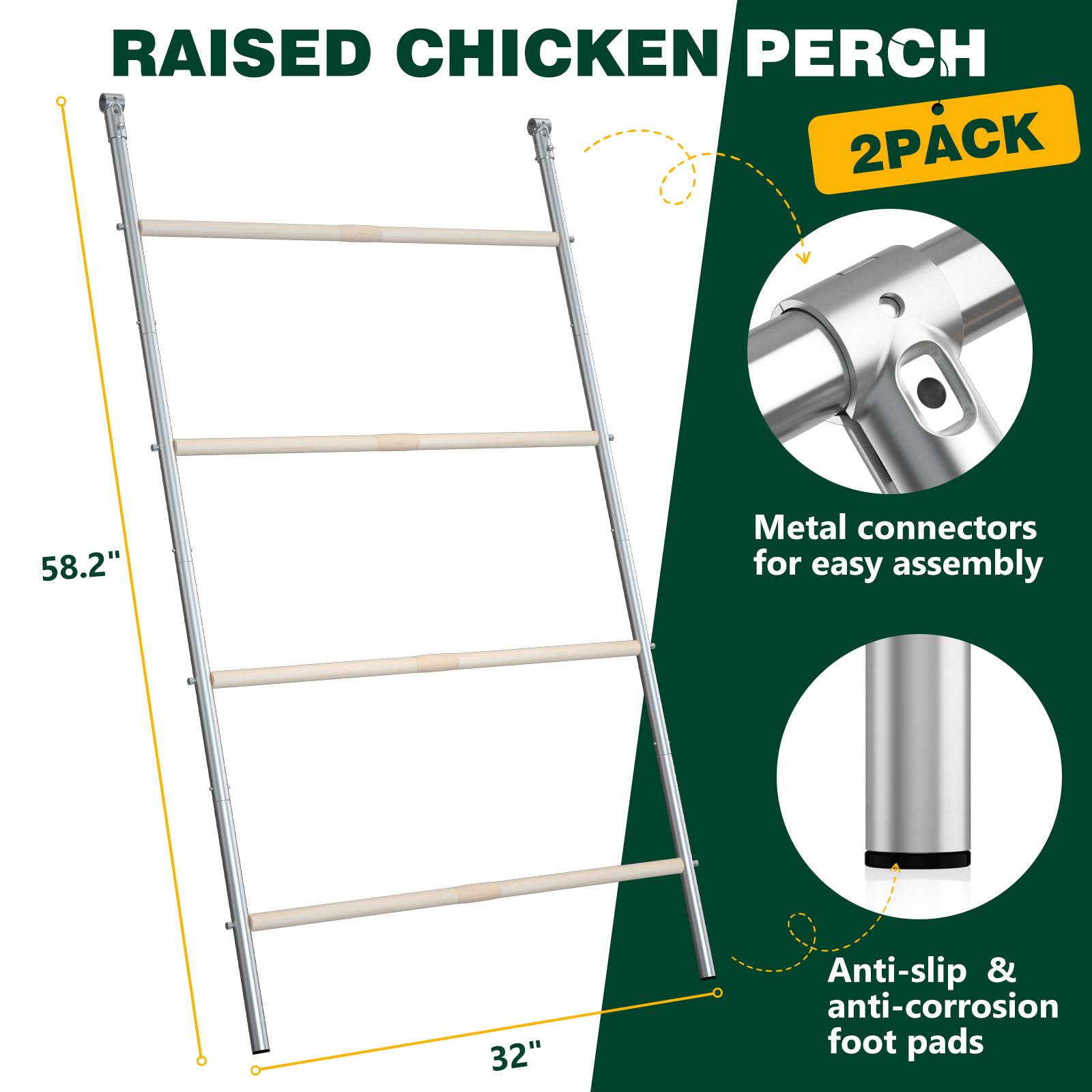 Percha de pollo para gallinero, barras de gallina, juguetes de granja, escalera de gallo para aves de corral, paquete de 2 (58 pulgadas de largo x 32 pulgadas de ancho)