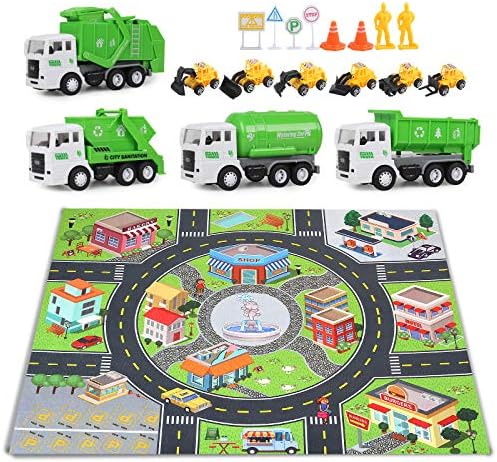 Toy Vehicles Set Construction Car Truck Model Playset with Signpost Friction Powered for Boys Age 3 and UP Toddlers Kids Birthday Gift Children (Sanitation Series)