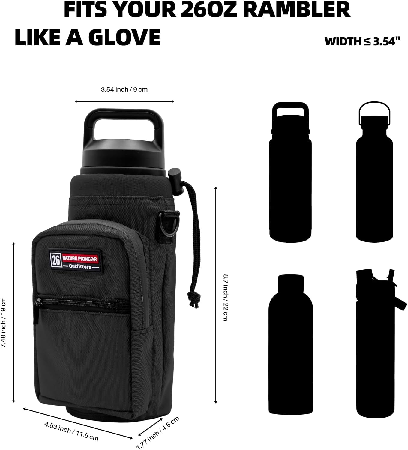 NATURE PIONEOR Water Bottle Holder with Adjustable Strap - 26/32/36/40/46/64oz Insulated Water Bottle Sling Carrier with Paracord Handle & 2 Pockets, Outdoor Sports, Hiking, Camping, Gym - Image 3