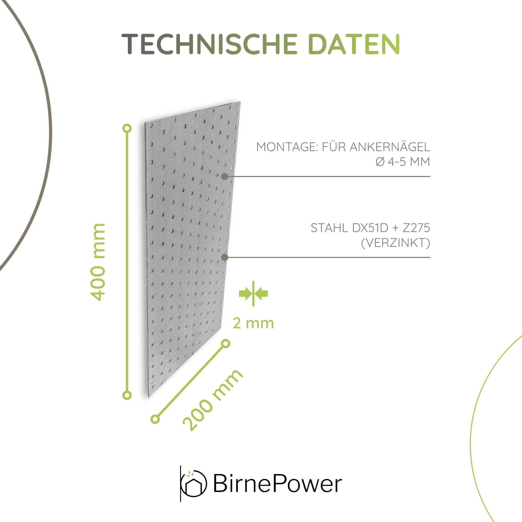 BirnePower Flachverbinder PP 25 (25 Stück) – Lochplatte 200 x 400 x 2,0 mm, Verzinkter Stahl, Holzverbinder für Balken & Dachstuhl, Montageplatte mit Universal-Lochung, Nagelplatte Stabil (Silber)