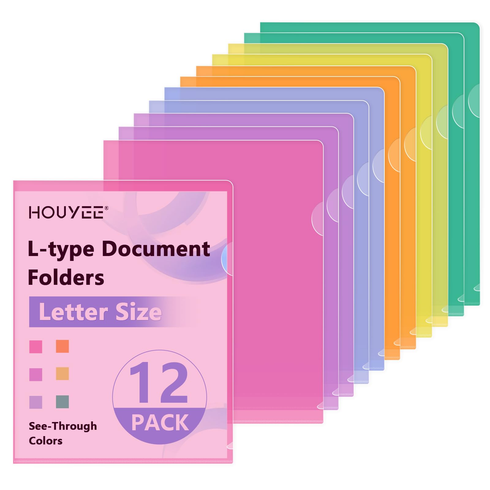 Photo 1 of HOUYEE 12 Pack Clear Document Folders, L-Type Plastic File Folder Sleeves, Project Folders Paper Sheet Protectors for 8.5" x 11" Letter Size, for Home, Office, and School Use (6 Assorted Colors)