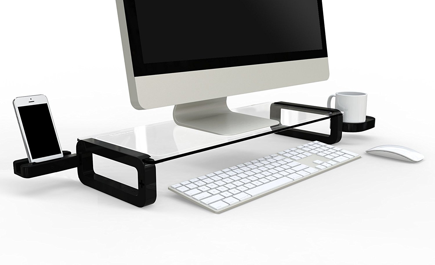 UBOARD Basic - Tempered Glass Monitor Stand Shelf Multiboard for Your PC, iMac and iPhone (Black)