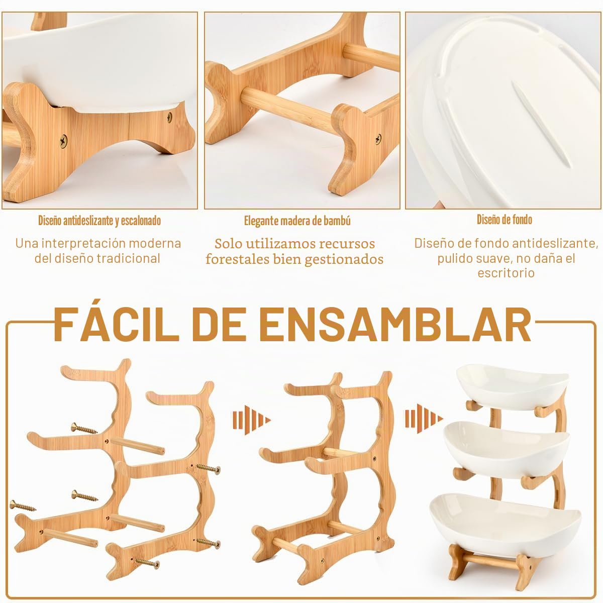 Fruteros de Cocina Modernos Frutero 3 Pisos Blanco, Frutero de Cerámica Cesta de Frutas de 3 Niveles con Pararse Bambú para Decoración de Cocina, Verduras, Frutas, Aperitivo